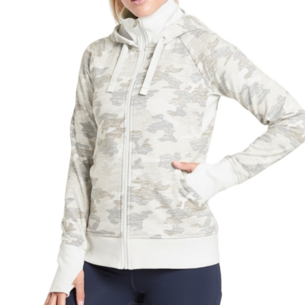 Athleta Womans Tan and Beige Triumph Printed Camo Hoodie Jacket Size Large